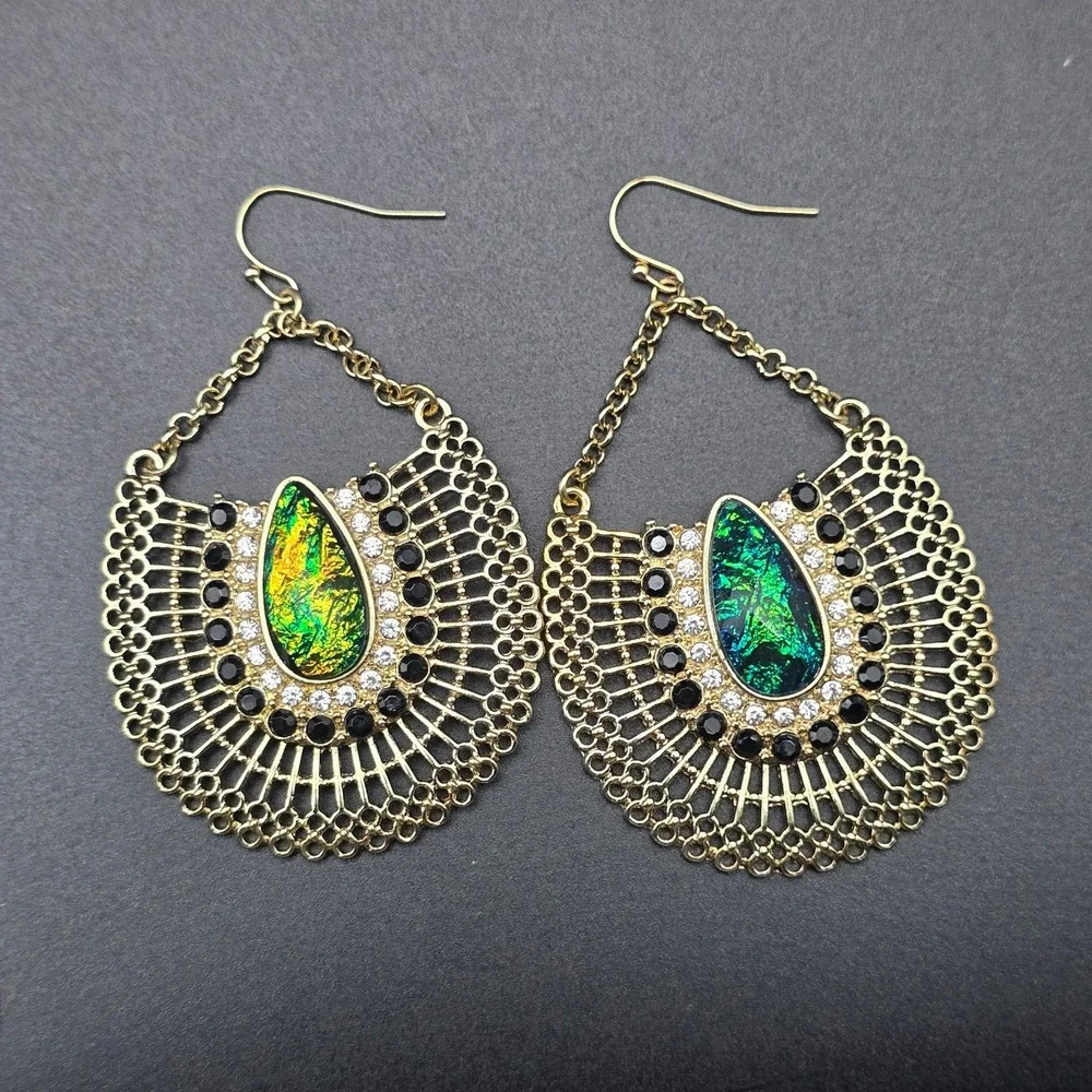 Blue Green Iridescent Earrings GOld Tone Statement Fan Shape
